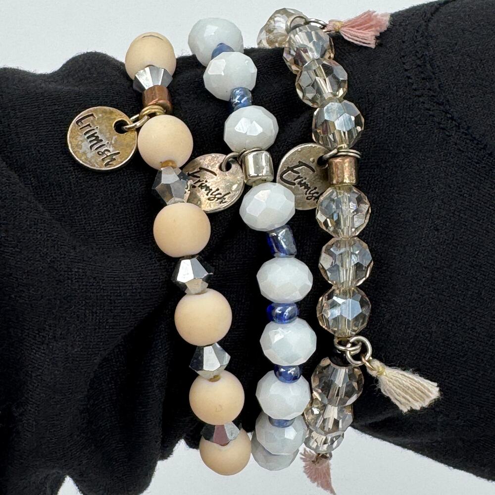 Erimish Set of 3 Stretch Bracelets Crystal Blue Beige Beaded Tassel Stack - Picture 1 of 8